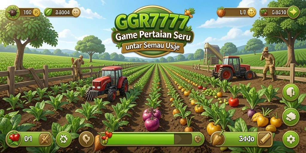 Tampilan gameplay GGR7777 dengan ladang yang subur dan beragam tanaman.